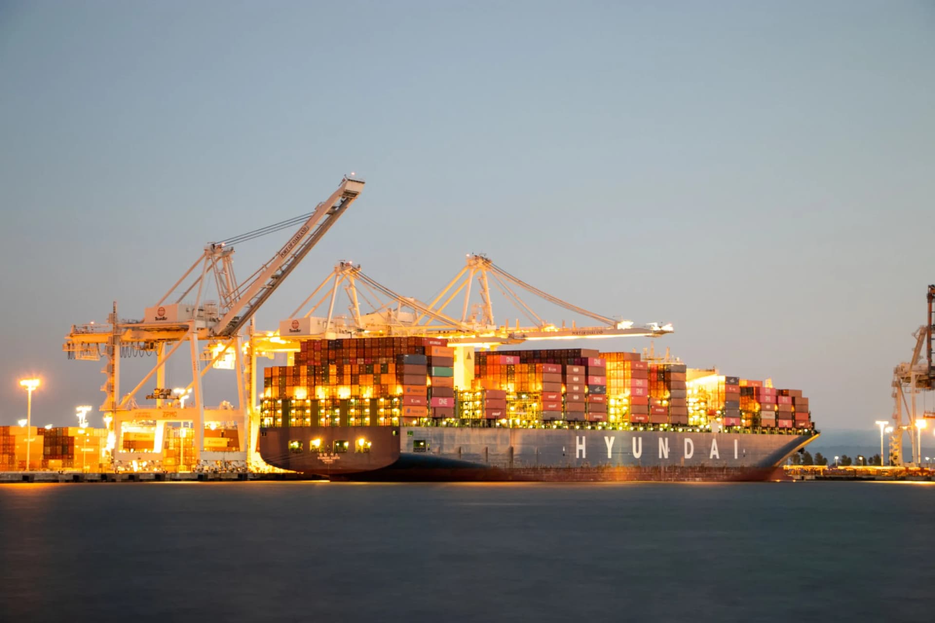 Loaded container ship at sea